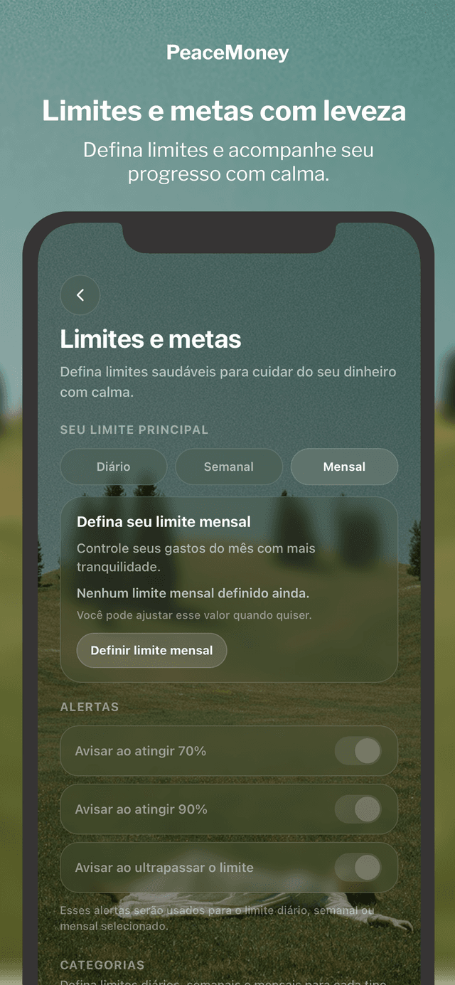 Metas e limites no PeaceMoney